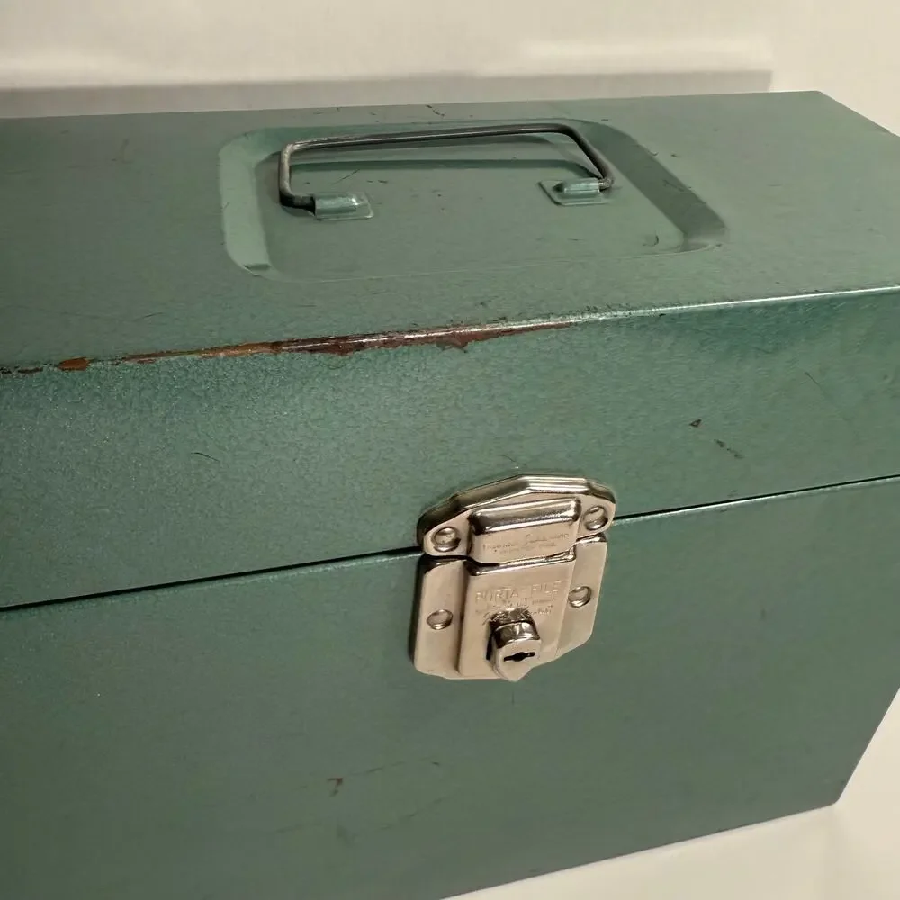Vintage Metal File Box Hammered Stanley Green 12.5” x 4.5” x 8.5” Latch Handle